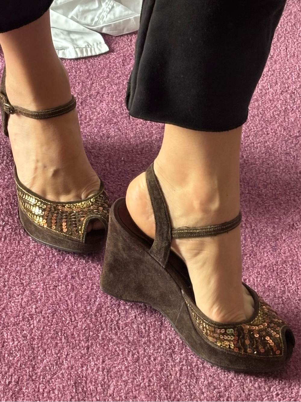 Brown Suede Wedge Sandals with Gold Sequins